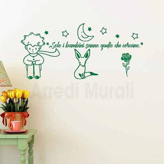 Adesivi murali citazione Piccolo Principe colore verde frase e disegni adesivi